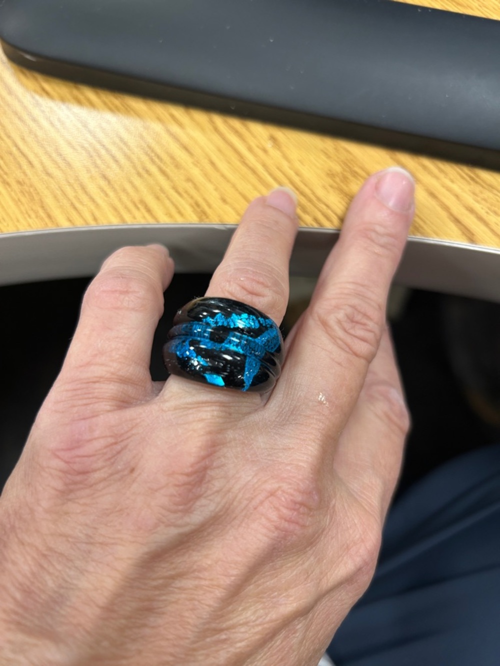 Bold Black & Metallic Blue Glass Statement Ring